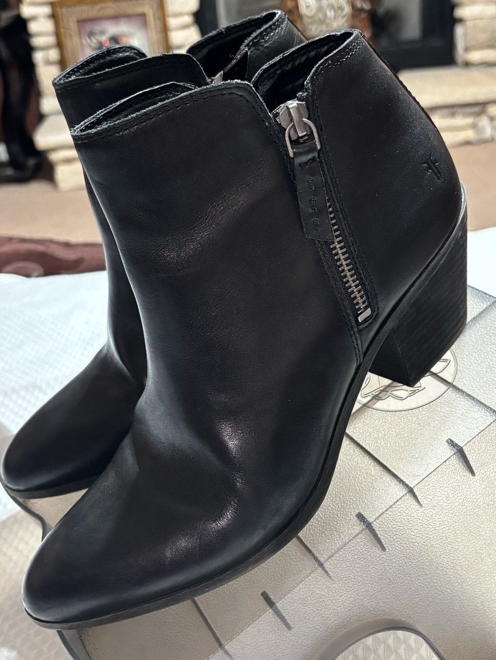 Frye Black Leather Side-Zip Ankle Booties with Block Heel
